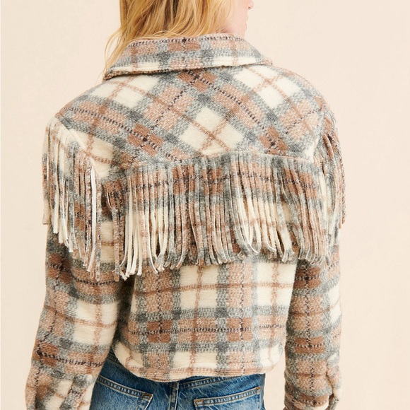 BLANK NYC Jacket Women XS  Beige Wool Blend Plaid Take Note Fringe Cropped - Picture 2 of 10